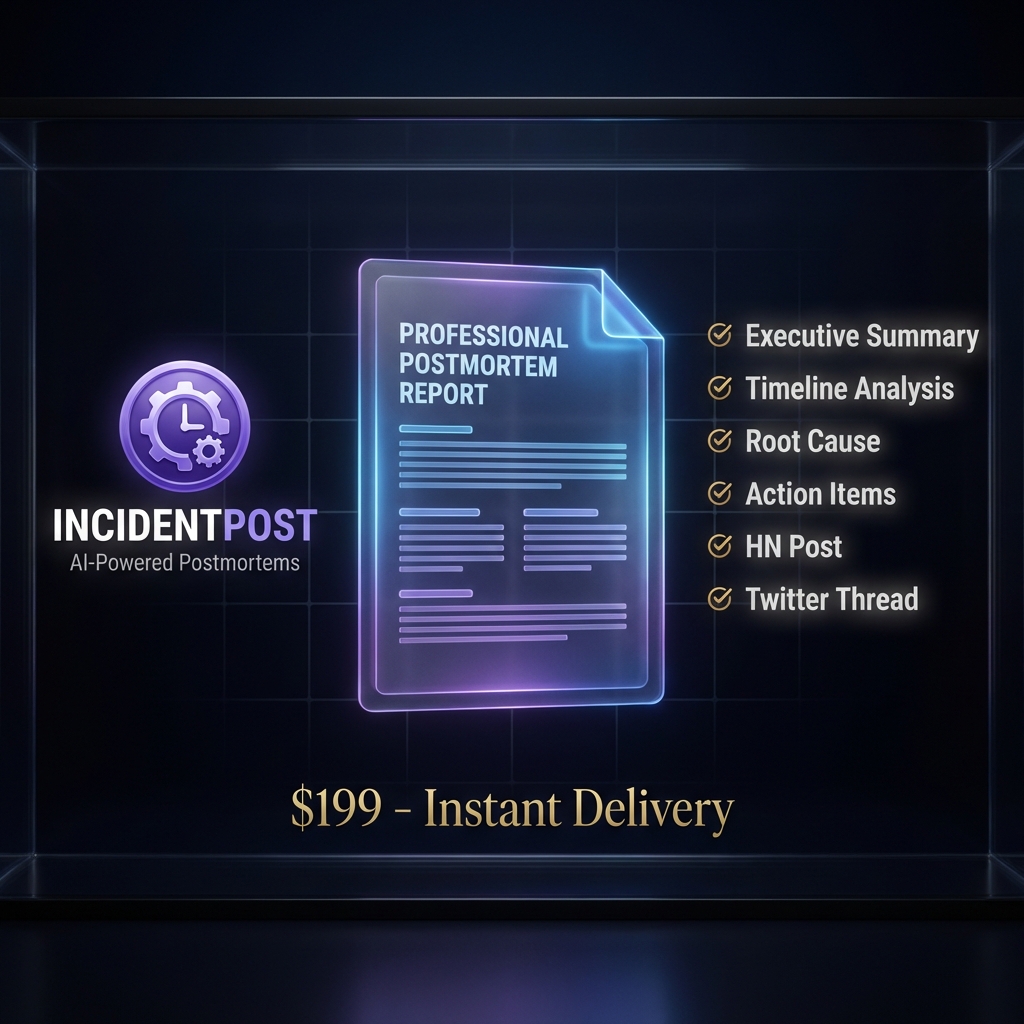 IncidentPost AI Postmortem Generator - Professional incident report example with timeline, root cause analysis, and action items